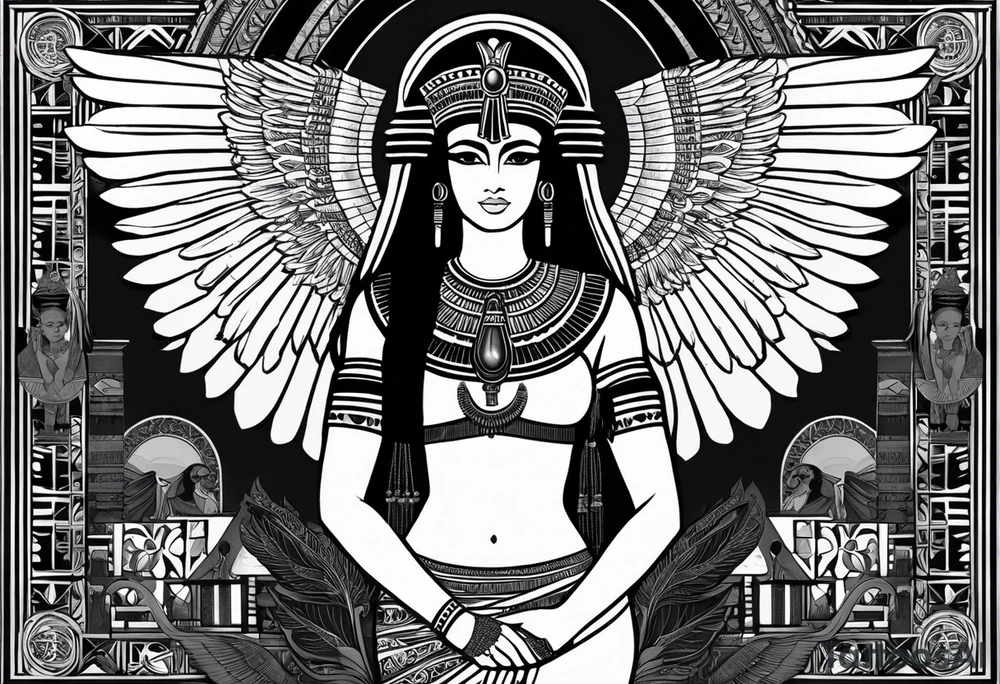black and white Egyptian goddess Isis, who is often depicted as a woman with outstretched wings, holding an ankh (a symbol of life) in one hand and a lotus flower in the other. Her headdress often includes a throne or a solar disk. The tattoo design can vary in style and size, but it typically aims to capture the essence of this revered Egyptian deity, emphasizing her beauty, power, and maternal qualities. The choice of colors and additional elements can also be customized to create a unique and visually striking representation of the goddess Isis tattoo idea