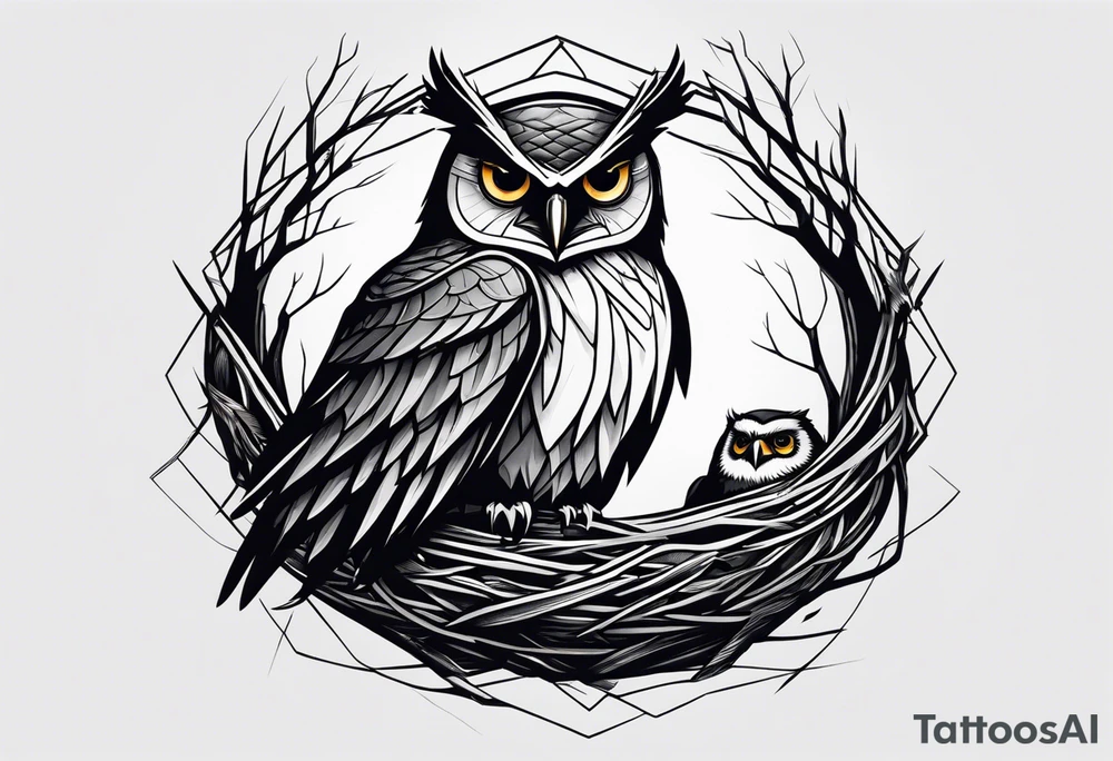 Owl, raven, eagle cuddled in a nest, looking down into the nest tattoo idea