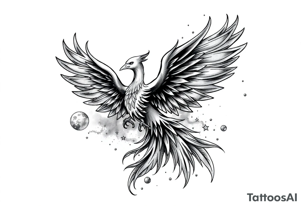 Powerful Phoenix feminine energy flames from within at night with stars planets and nebula tattoo idea