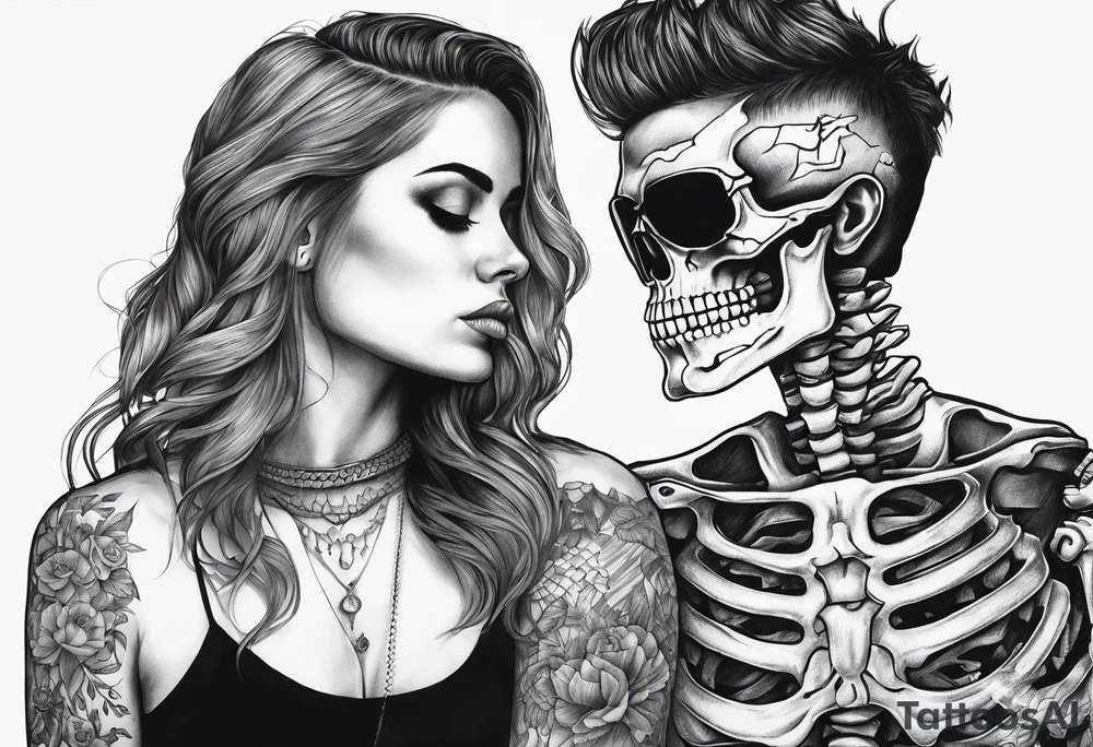 A skeleton and woman together With a quote tattoo idea