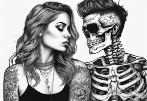 A skeleton and woman together With a quote tattoo idea