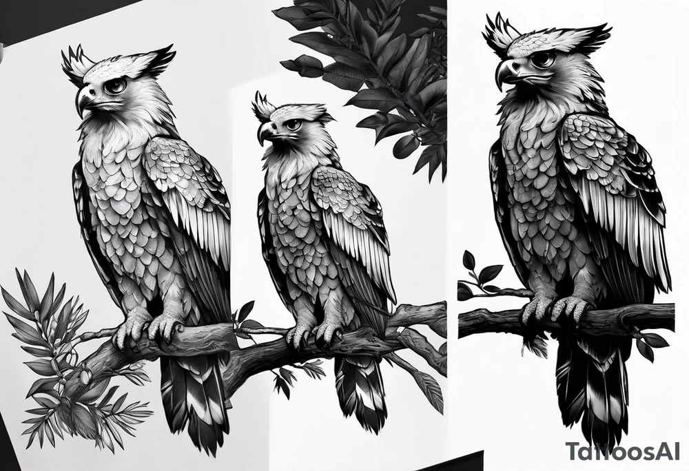 Harpy eagle perched on a branch tattoo idea