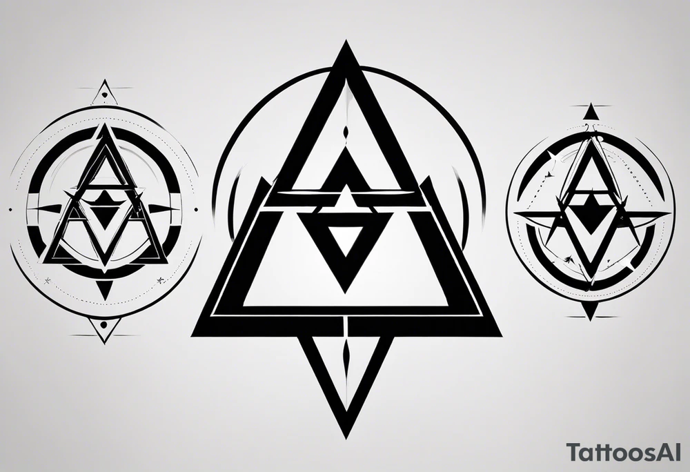 “Generate a minimalist tattoo design with three filled-in shapes arranged in a triangle formation. The top shape should be a geometric heart representing health, the bottom left a compass rose symbolizing purpose, and the bottom right three circles forming a triangle to signify family. The design should focus solely on the filled-in shapes without any additional ornaments, emphasizing simplicity and clean lines.” tattoo idea