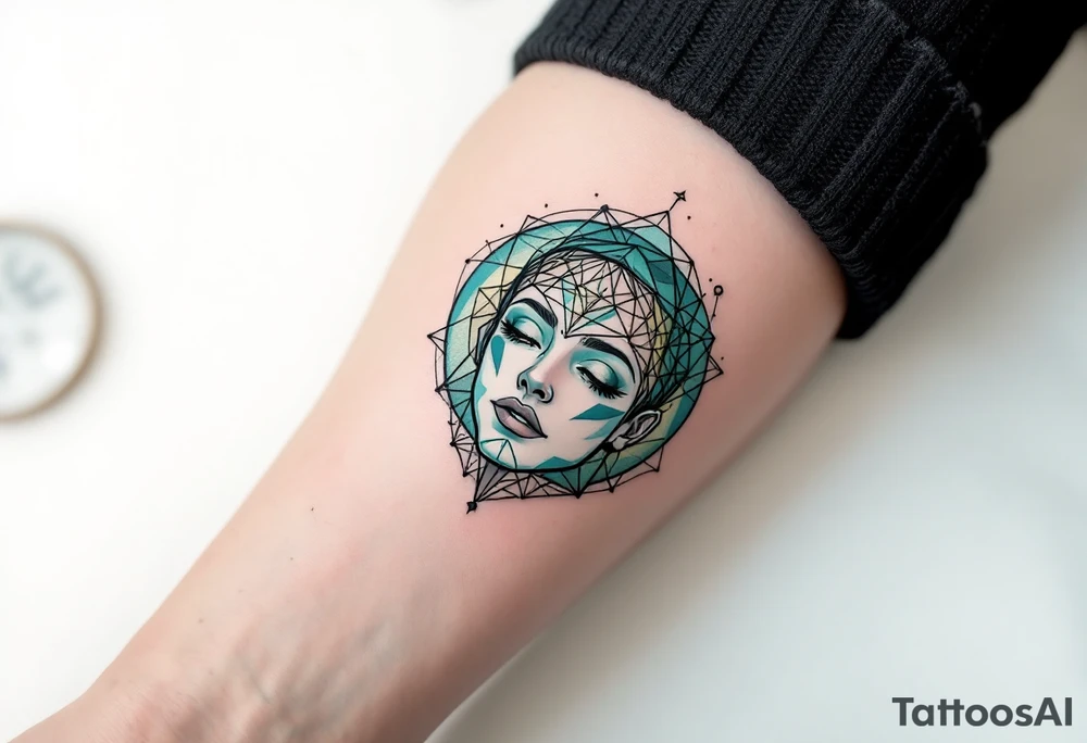 A minimalist design of Caleb from Divergence, depicted with geometric patterns around his face to symbolize intelligence and the mind. The design features teal and green tones, symbolizing his connection to the Abnegation and his scientific nature. Teal, green, black accents. tattoo idea