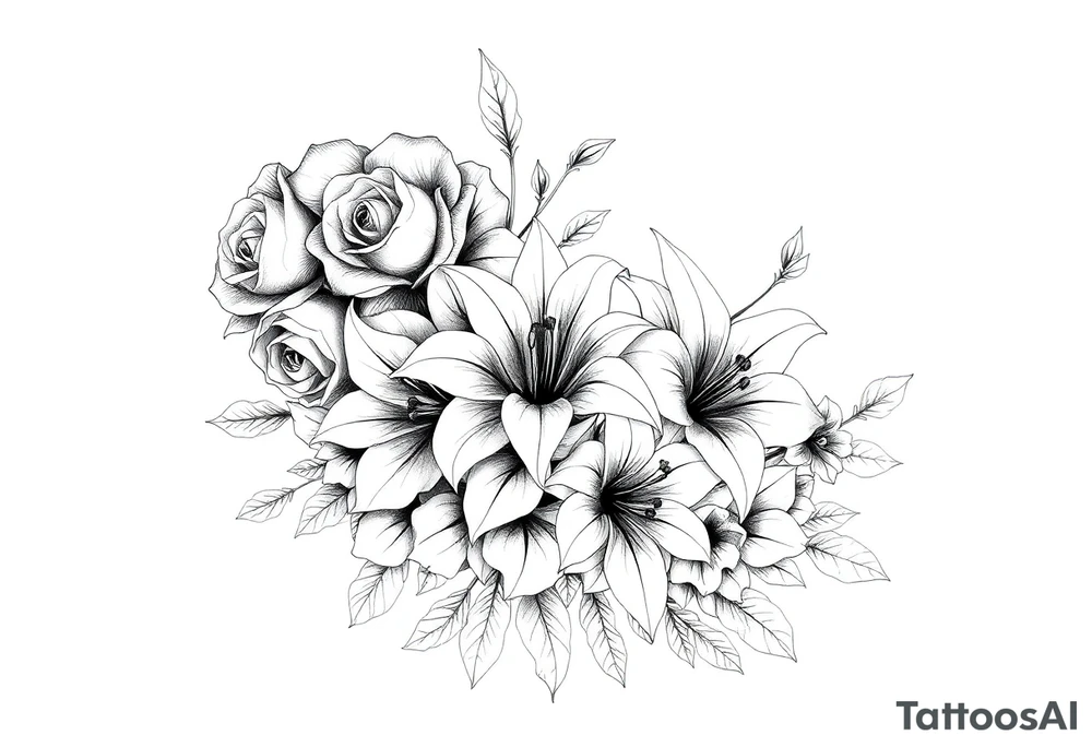 Arm and shoulder tattoo including roses, Lilly’s, and other beautiful flowers tattoo idea
