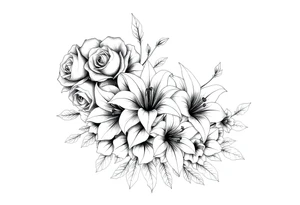 Arm and shoulder tattoo including roses, Lilly’s, and other beautiful flowers tattoo idea
