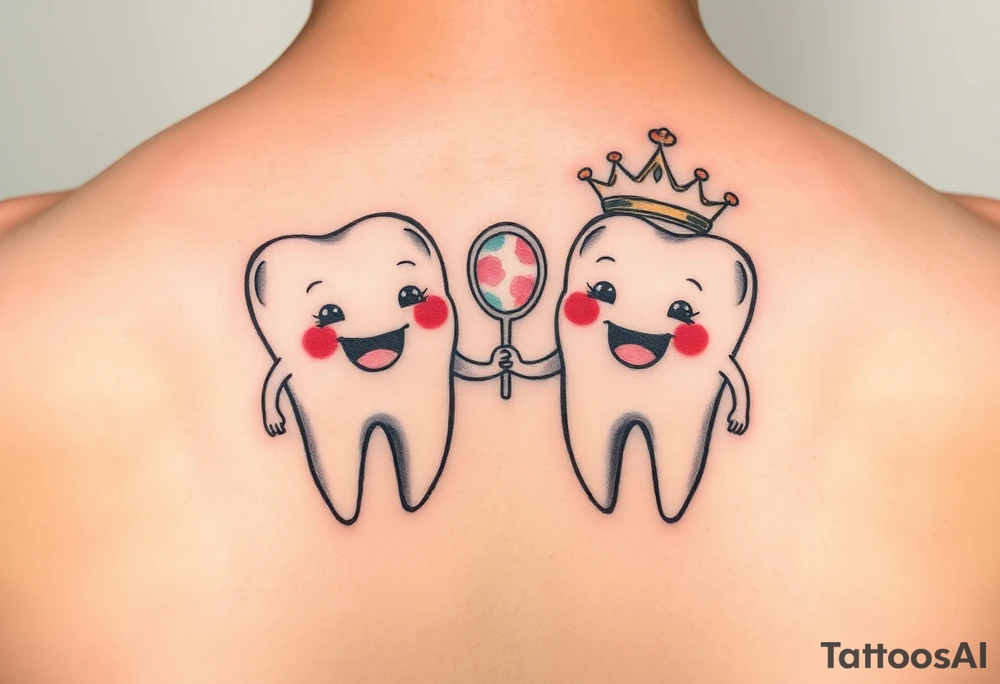 Two cute molar teeth holding hands, one wearing a tiny dentist’s mirror as a crown, pastel watercolor, soft and dreamy.” tattoo idea