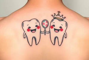 Two cute molar teeth holding hands, one wearing a tiny dentist’s mirror as a crown, pastel watercolor, soft and dreamy.” tattoo idea
