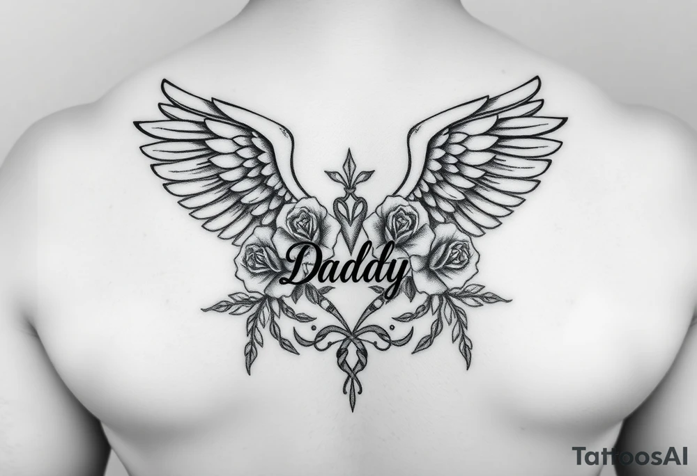 In memory of daddy angel wings and roses with dates tattoo idea