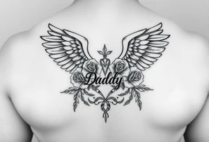 In memory of daddy angel wings and roses with dates tattoo idea