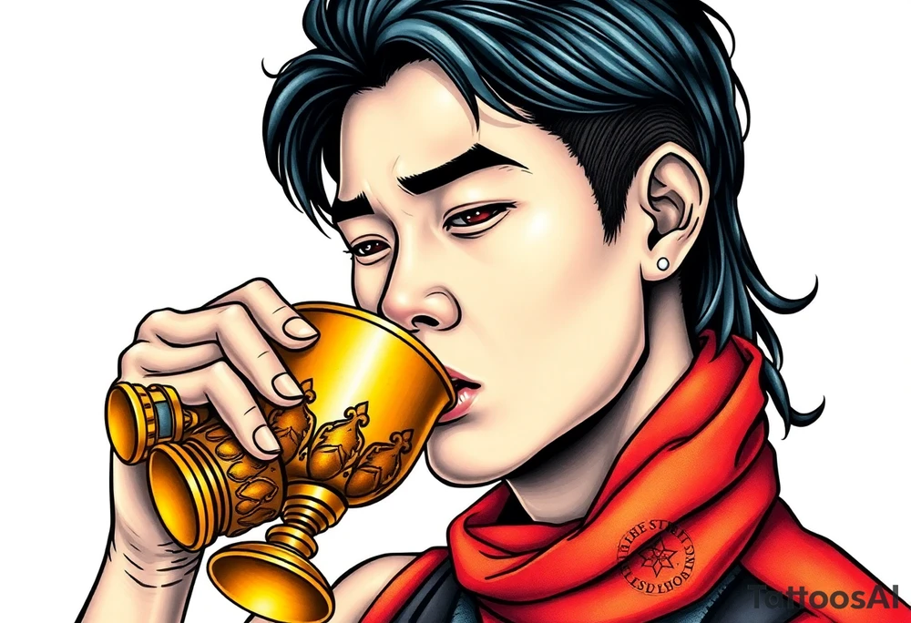 Handsome Asian young guy is drinking from medieval golden cup tattoo idea