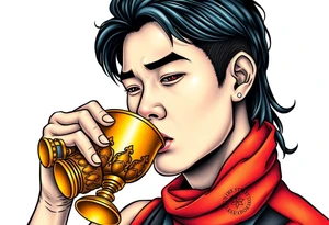 Handsome Asian young guy is drinking from medieval golden cup tattoo idea