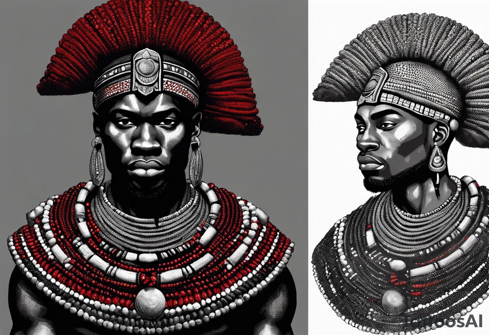 Black-skinned african warrior. He is a god of the war. Wears a simple red necklack tattoo idea