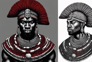 Black-skinned african warrior. He is a god of the war. Wears a simple red necklack tattoo idea