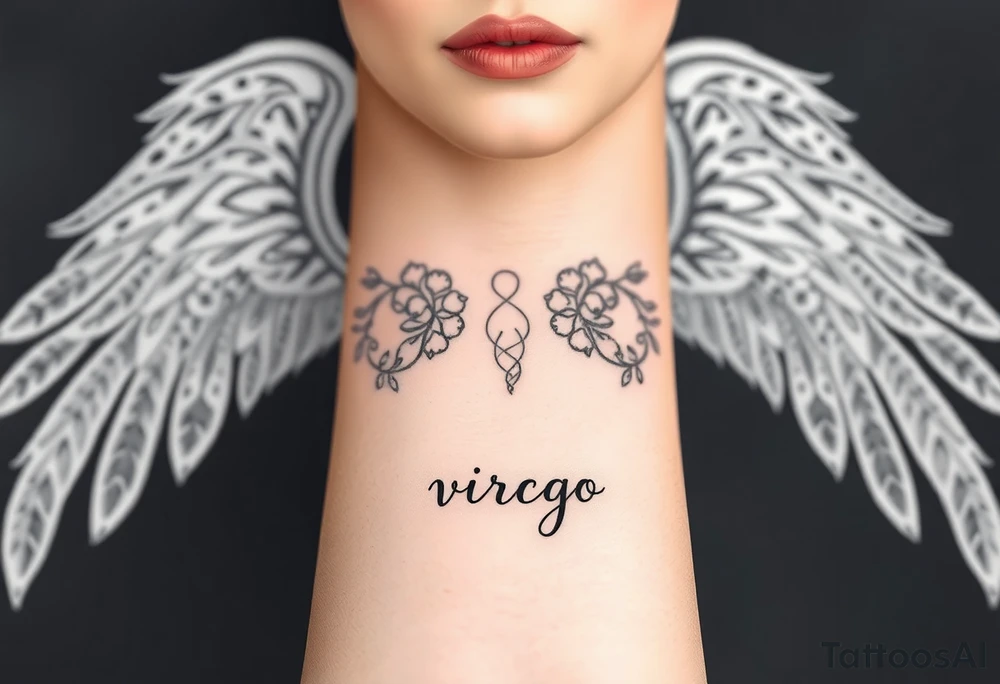 A divine woman with ethereal wings made of delicate lace and vines, symbolizing Virgo’s purity and the word virgo tattoo idea