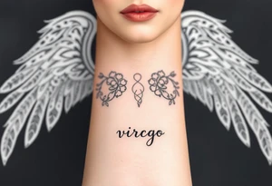 A divine woman with ethereal wings made of delicate lace and vines, symbolizing Virgo’s purity and the word virgo tattoo idea