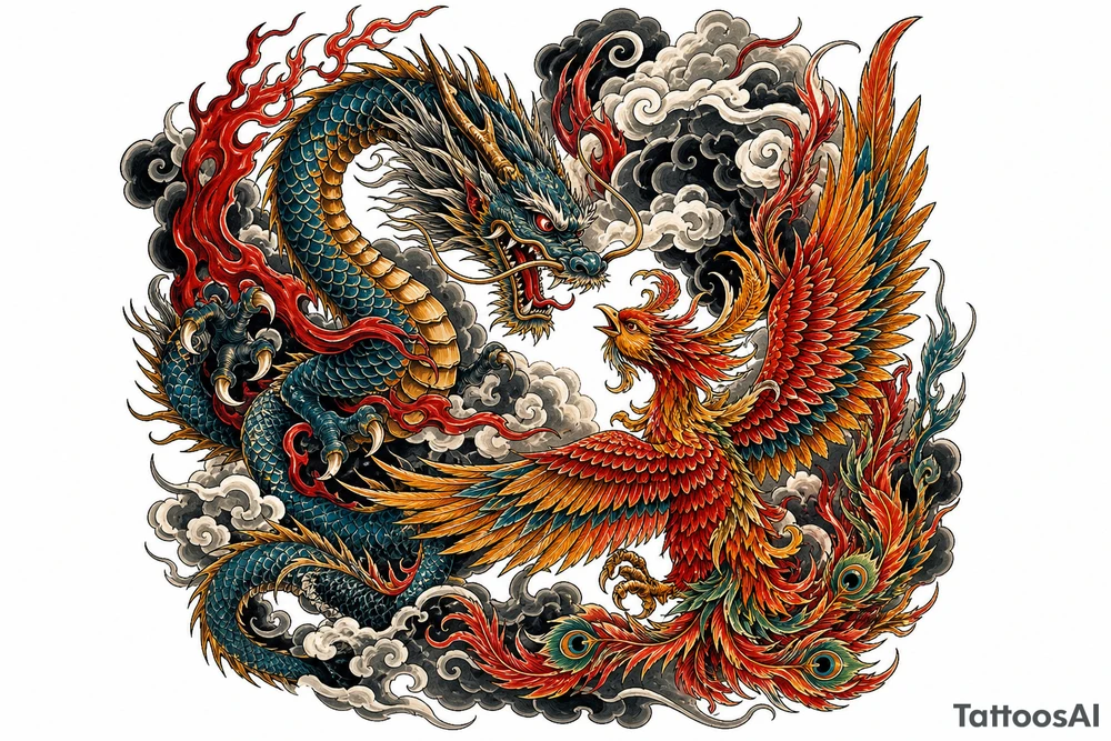Japanese dragon and phoenix clashing in stormy, dark clouds, traditional ink style. tattoo idea