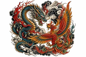 Japanese dragon and phoenix clashing in stormy, dark clouds, traditional ink style. tattoo idea