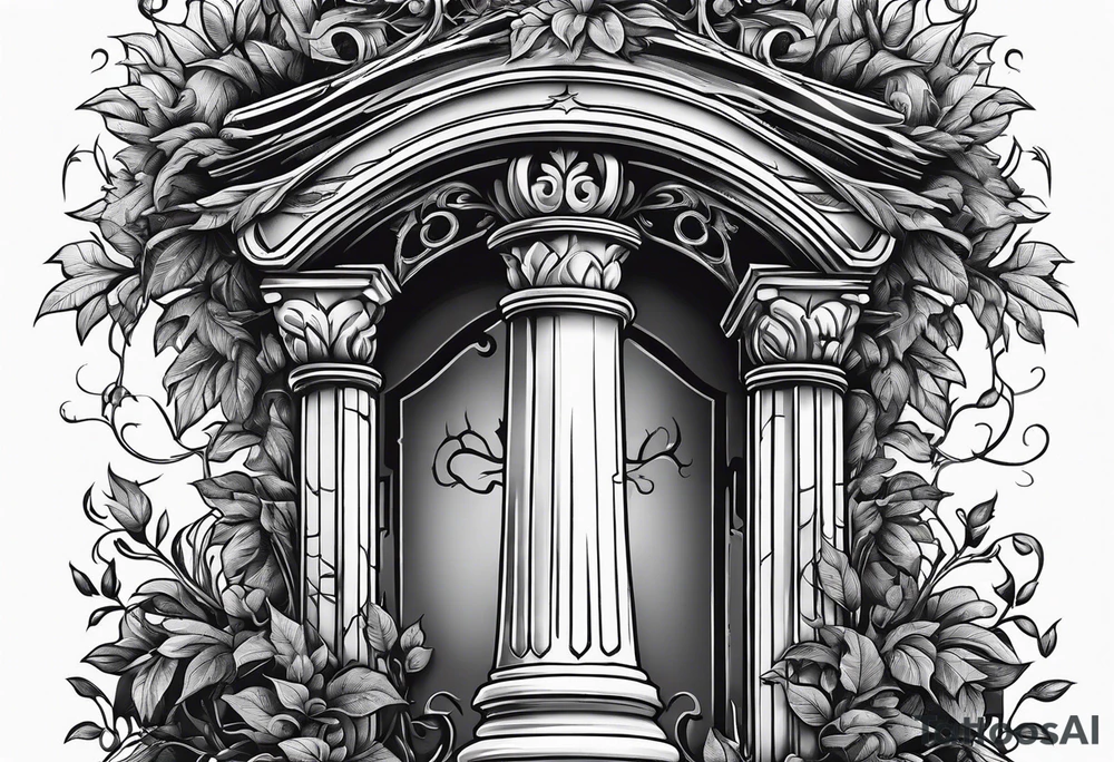 Grave stone with leafy vines wrapped around it tattoo idea