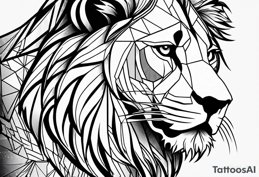 Constructing the lion’s face from geometric shapes, lines, and angles, offering a sleek and contemporary take on the traditional lion image. tattoo idea