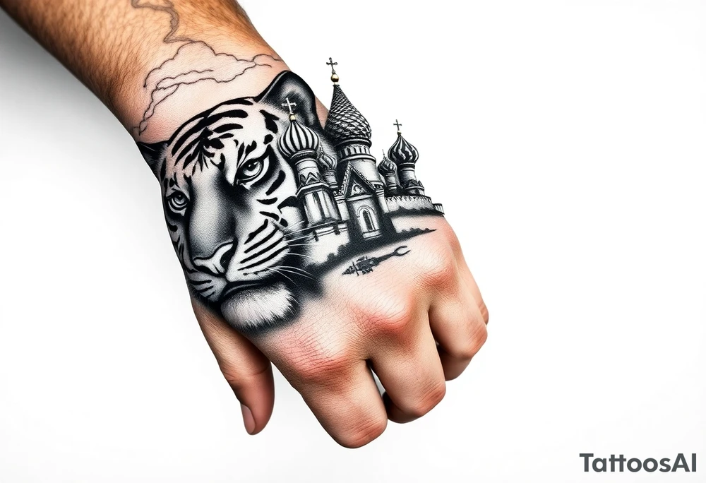 Realistic tiger face on the back of the hand with strong contrast and fine detail with hollow black eyes. with a highly detailed Russian Orthodox cathedral sitting above on fore arm with onion domes and orthodox crosses, done in fine line, engraving-like style. Cohesive composition, black ink only, no color, high contrast, slightly aged, documentary-style, plain light background. with clouds above and a virgin mary tattoo idea