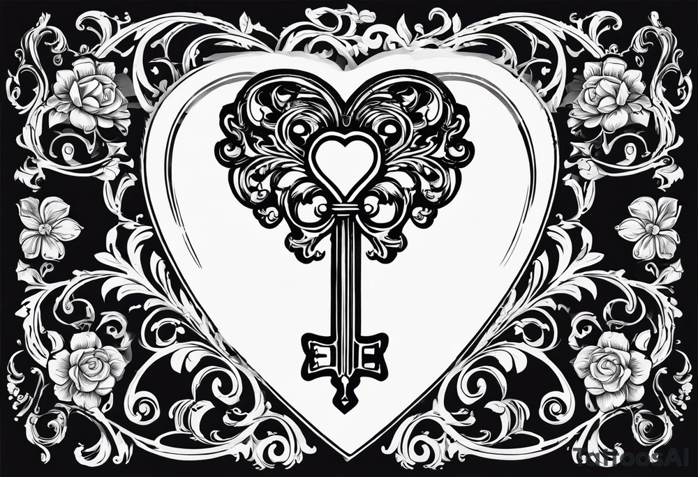 heart shaped skeleton key that looks antique and is made of metal. must have the year 2016 on the front. in the key design include antique scrolling. tattoo idea