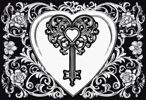 heart shaped skeleton key that looks antique and is made of metal. must have the year 2016 on the front. in the key design include antique scrolling. tattoo idea