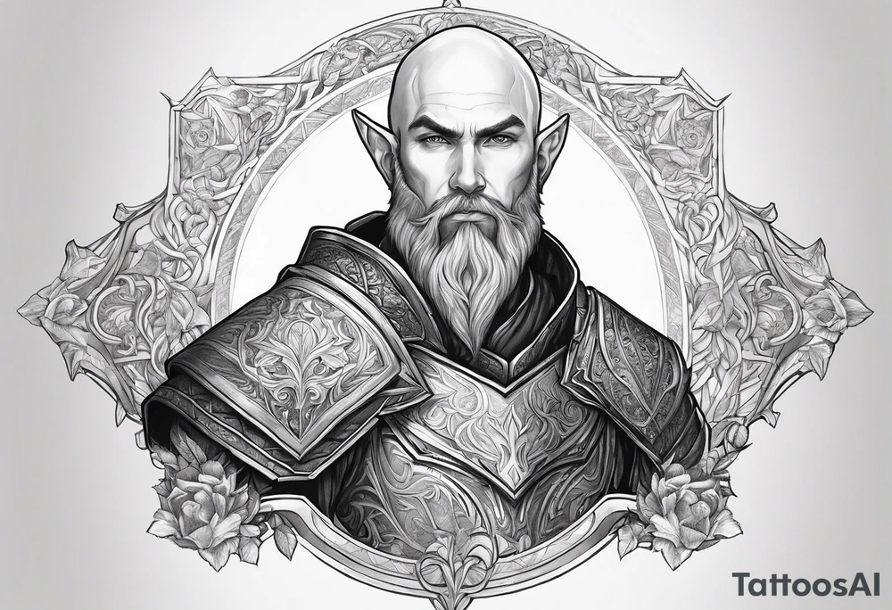 a full body picture of a human-elf, bearded bald male, paladin, from a distance tattoo idea