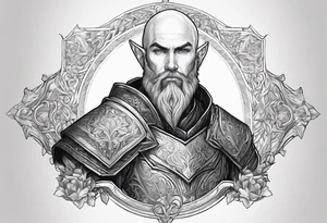 a full body picture of a human-elf, bearded bald male, paladin, from a distance tattoo idea