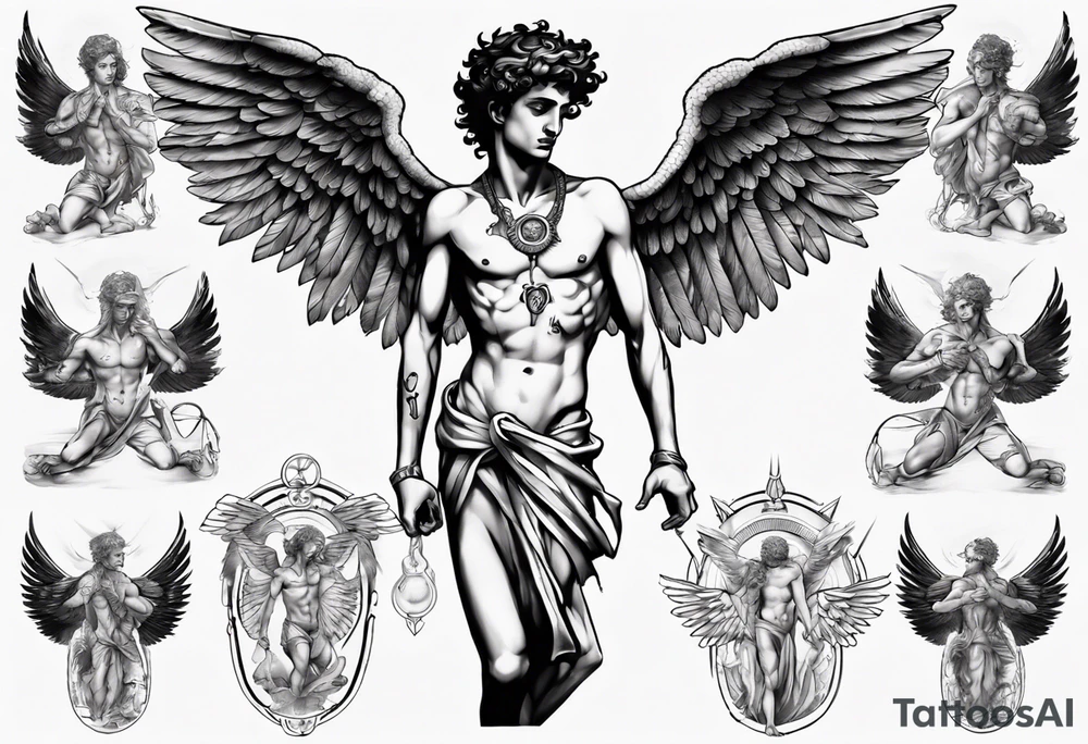 God hermes kneeling with wings wrapped around him tattoo idea