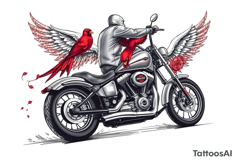 Harley grey motorcycle driving away, two red birds flying, roses, flames, angel wings tattoo idea