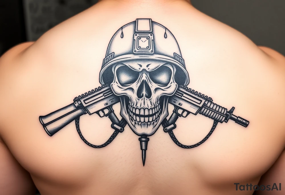 Skull wearing a military helmet, crossed assault rifles behind it. tattoo idea