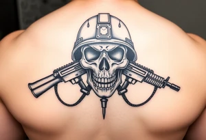 Skull wearing a military helmet, crossed assault rifles behind it. tattoo idea
