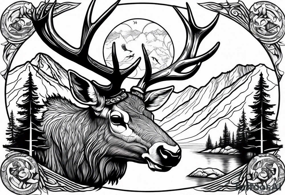 elk skull with mountains and trees
with a stream and birds overhead tattoo idea
