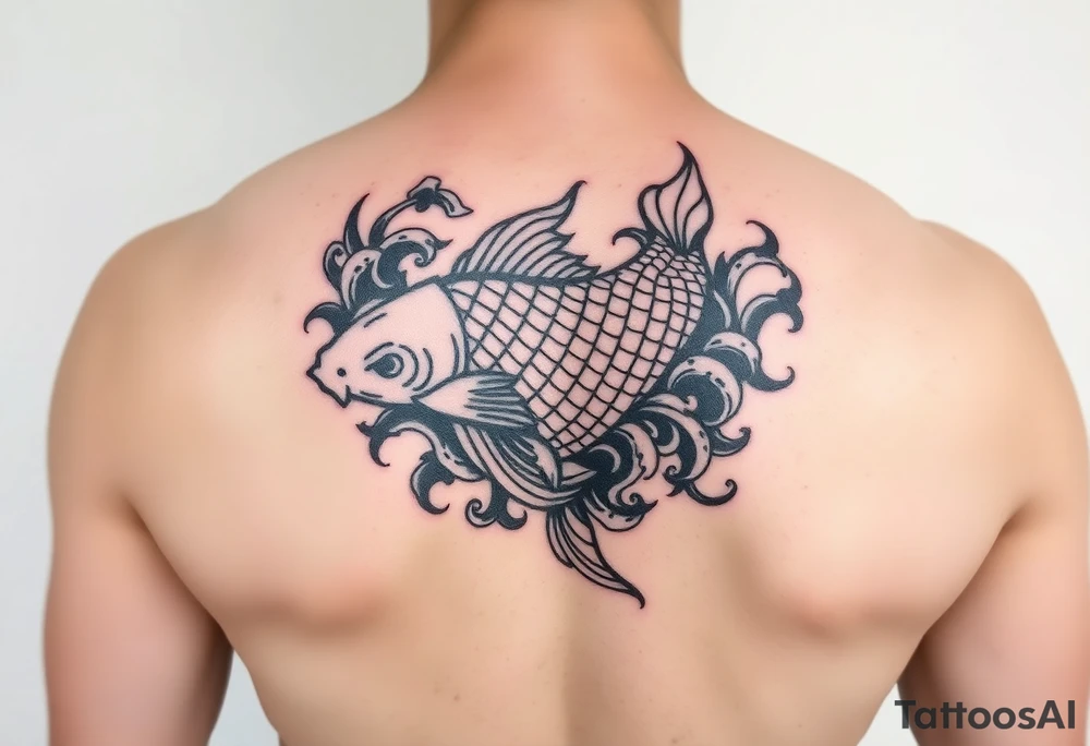 traditional koi fish swimming upstream through turbulent waves tattoo idea