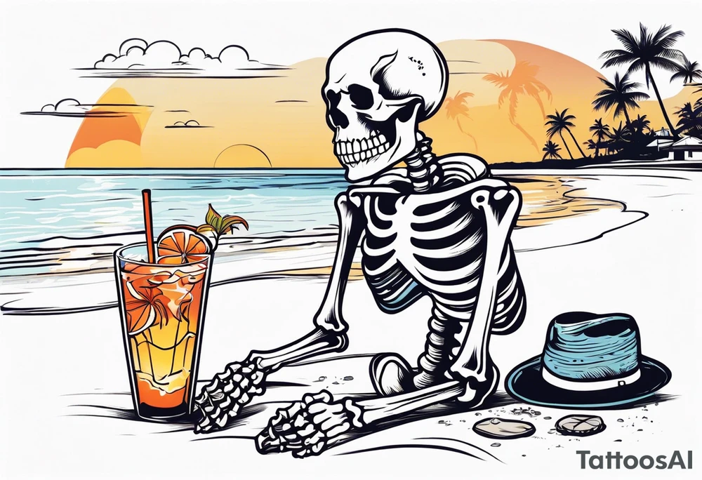 skeleton wearing a button up hawaiian shirt relaxing on the beach with a drink tattoo idea