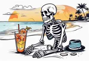 skeleton wearing a button up hawaiian shirt relaxing on the beach with a drink tattoo idea