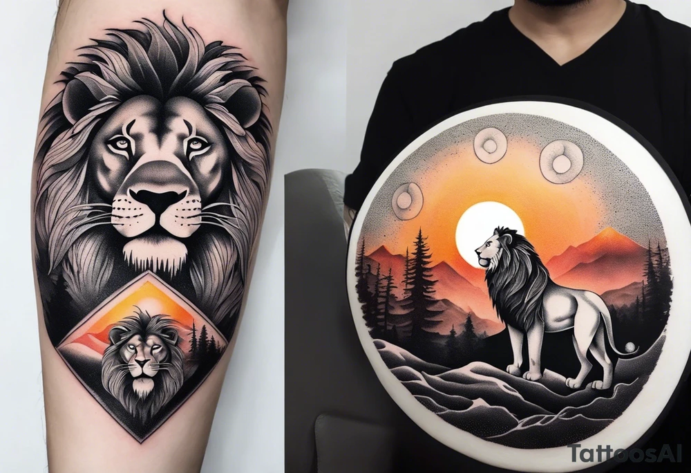 Tattoo in the shape of a lion head with a father and son in the mountains with  a waterfall and cross in the background and a sunset inside of it tattoo idea
