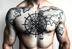 antique compass rose overlaid on weathered world map with sailing ships tattoo idea