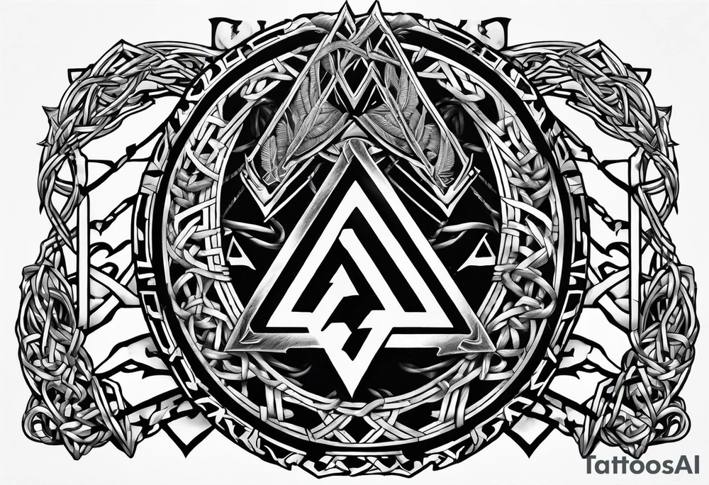 Valhalla  sword shield axe barbed wire chains valknut tattoo idea