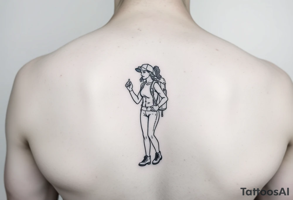 one fine line tattoo with a woman holding hiking poles and hiking tattoo idea