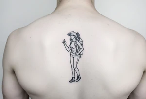 one fine line tattoo with a woman holding hiking poles and hiking tattoo idea