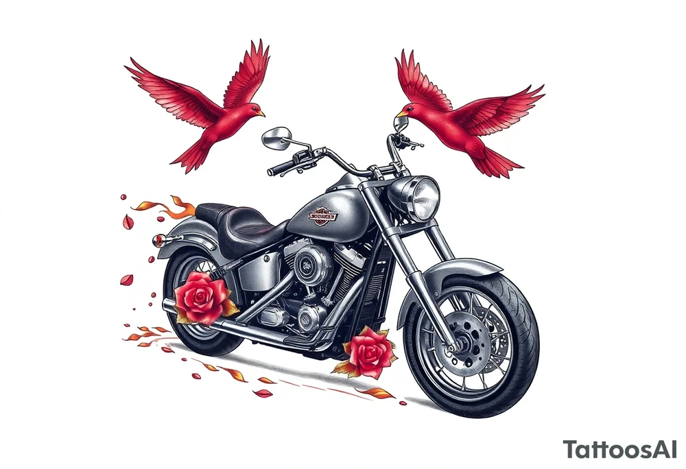 Harley grey motorcycle driving away, two red birds flying, roses and lace, flames tattoo idea