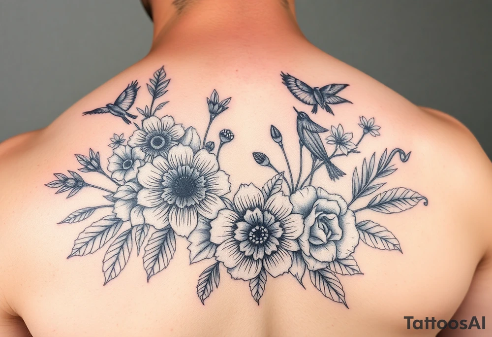 Beautiful wild flowers including wild animals and creatures for a leg sleeve tattoo idea