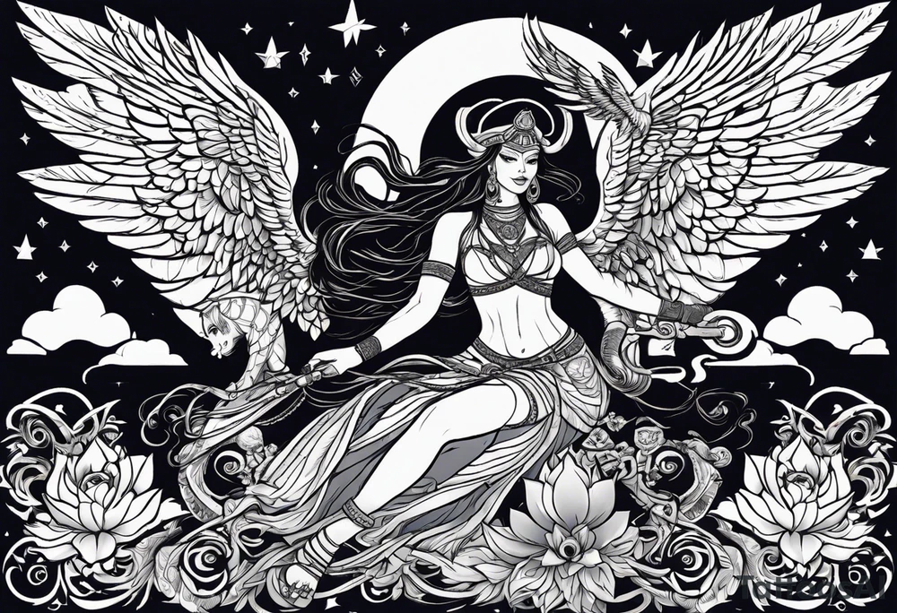 black kali, goddess pirate, alien, angel, pachamama, valkrye, warrior, flying, skull, lotus azul, wing, eagle, zenza resonance, stars, 5D, anahata chakra, death, durga, riding on a tiger, flying lady tattoo idea