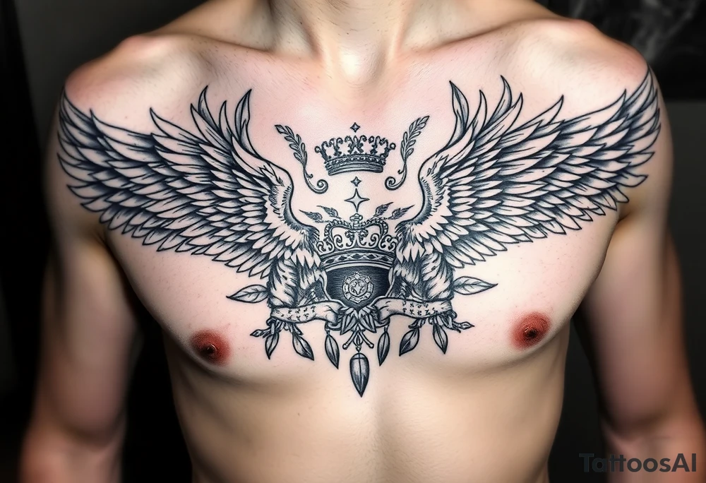 Chest tattoo,powerful two symetrical majestic eagles, surrounded by floral ornaments and lure, between eagles a crown tattoo idea