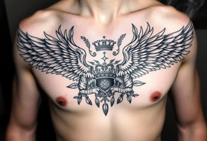 Chest tattoo,powerful two symetrical majestic eagles, surrounded by floral ornaments and lure, between eagles a crown tattoo idea