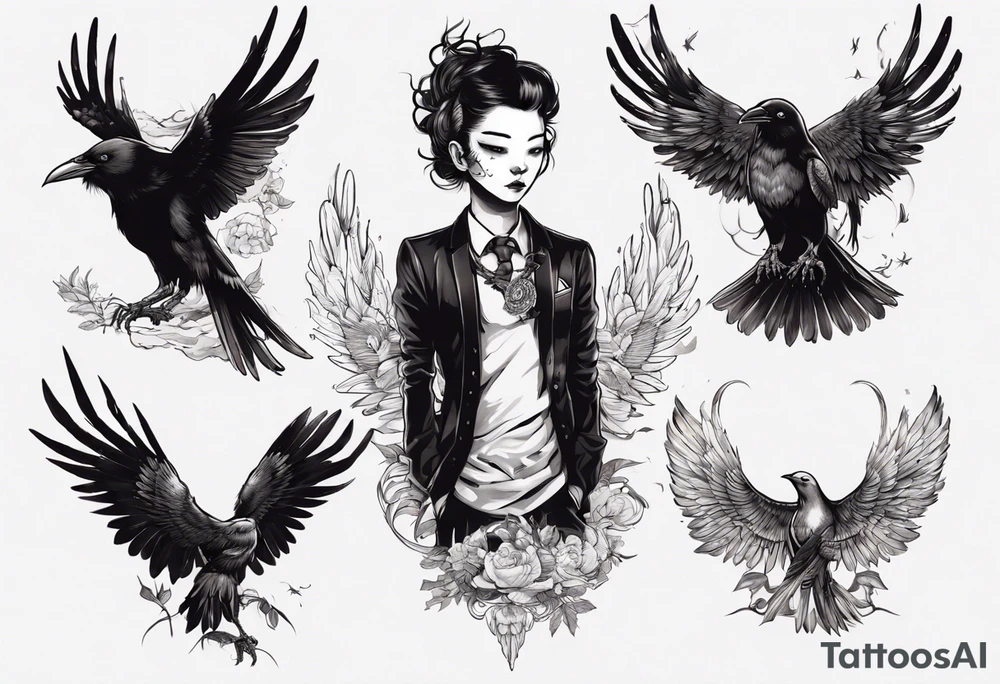 A human with a crow head with wings tattoo idea
