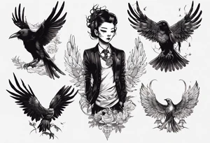 A human with a crow head with wings tattoo idea