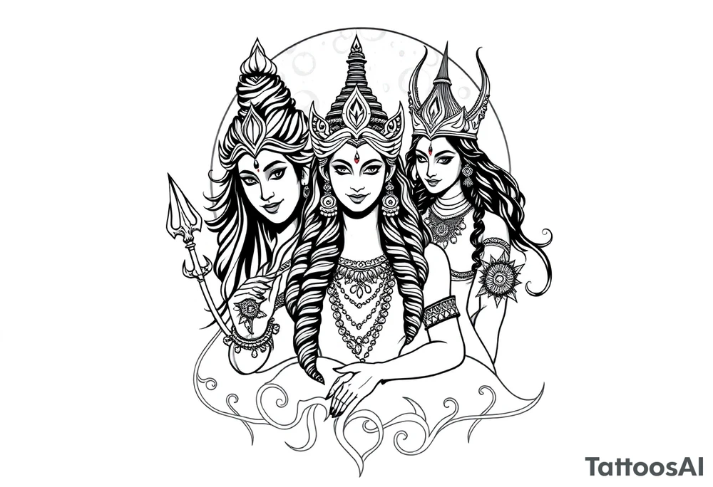 Lord Shiva, Godess Kali, Godess Lilith Together with the moon in the background tattoo idea